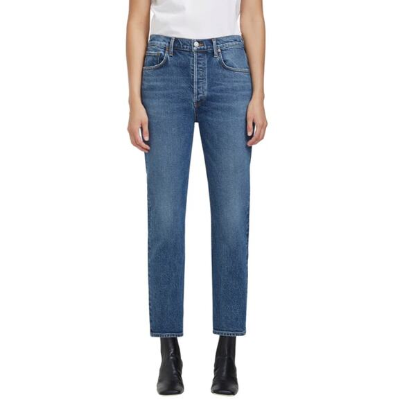 Agolde Riley High Rise Straight Leg Cropped Denim Jean Transfer Blue Size 24 - Picture 1 of 8